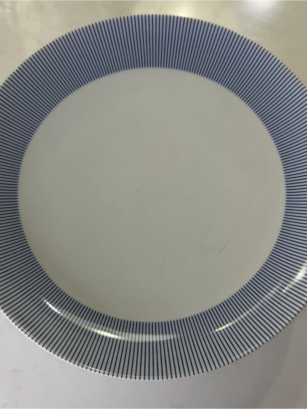 6 Crate&Barrel White Dinner Plates with Navy Pinstripe Rim